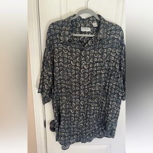 PORCINI 100% Silk Short Sleeve Button-Up in Dark Blue and Beige XL Vintage